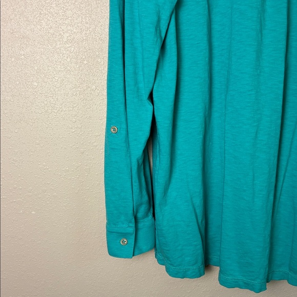 J. JILL Women Large Turquoise Cotton Roll Tab Sleeve Popover Collared Tunic Top - Picture 8 of 14